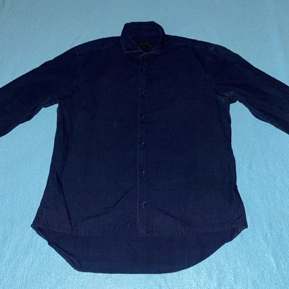 ZARA MAN Slim fit navy with white tiny polka dots long sleeve button up size L - Picture 1 of 9